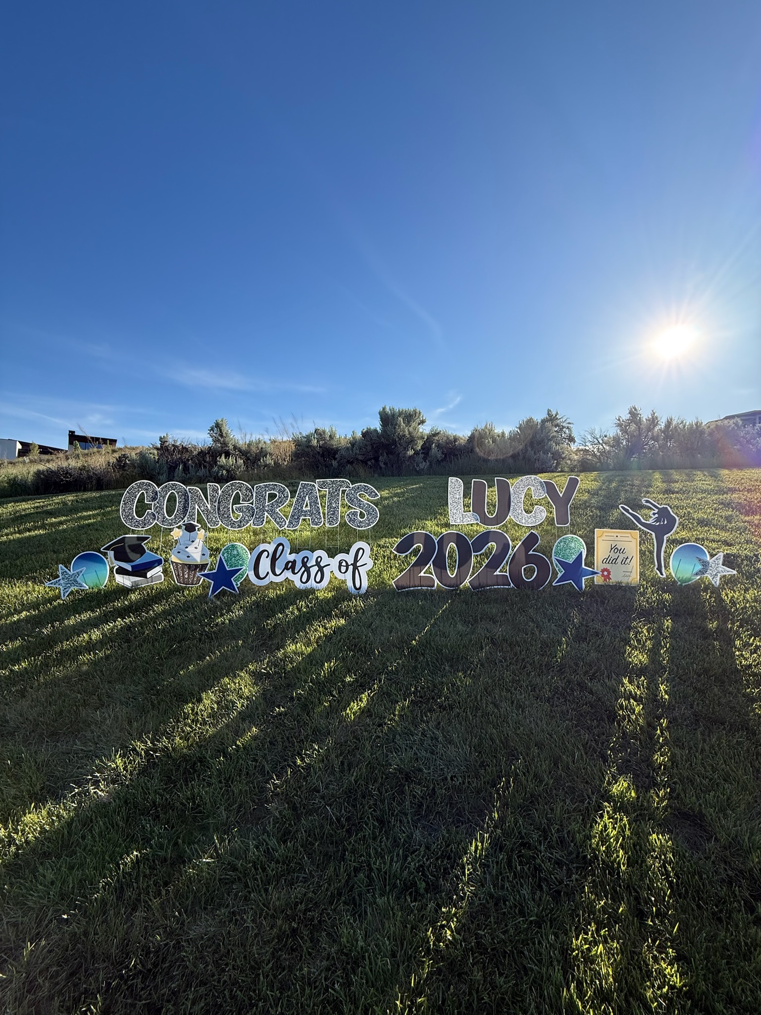 Congratulations Lucy graduation yard card display with large letters and diploma art in Boise Idaho